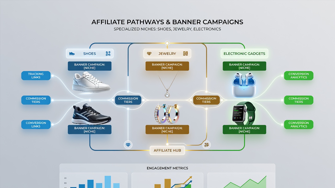 Diagram illustrating banner campaign flows between shoes, jewelry, and gadgets within affiliate lists