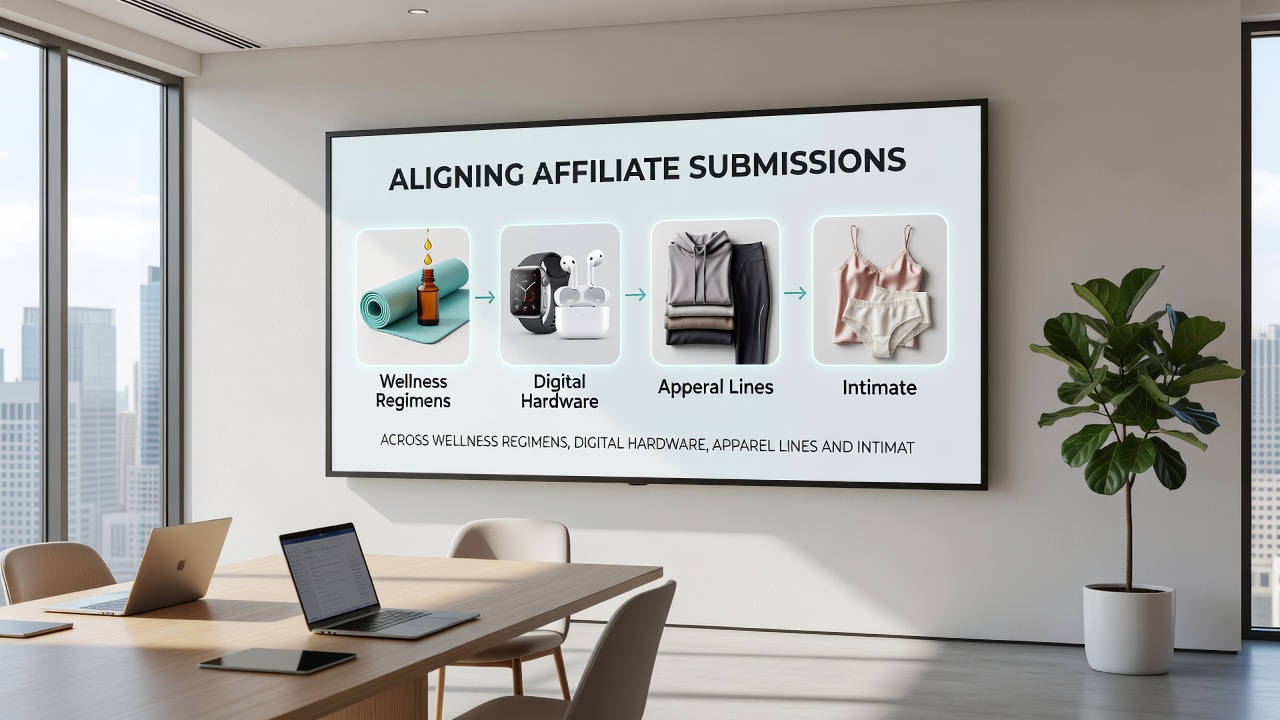 Detailed view of commission tracking dashboard showing aligned submissions from wellness, digital hardware, apparel, and intimate product categories