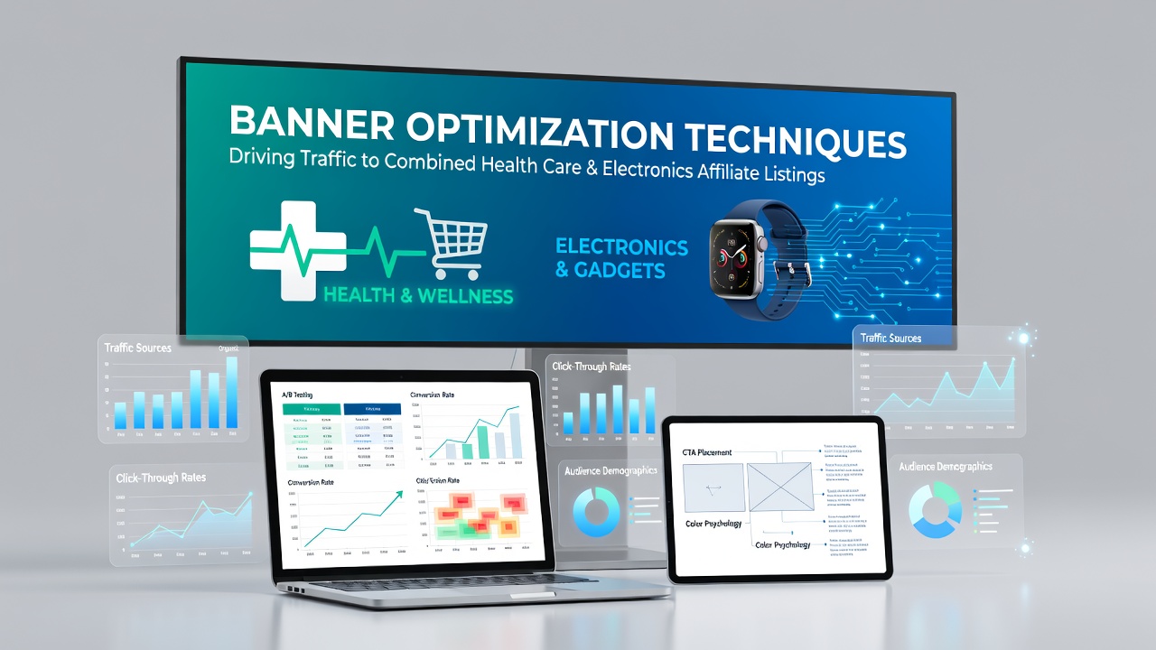 Banner optimization example showing combined health care and electronics affiliate listings with clear call-to-action buttons and balanced color schemes