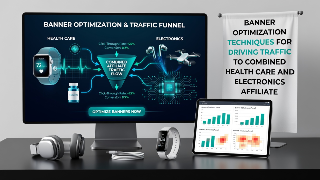 Data visualization of banner performance metrics for health care and electronics affiliate traffic sources
