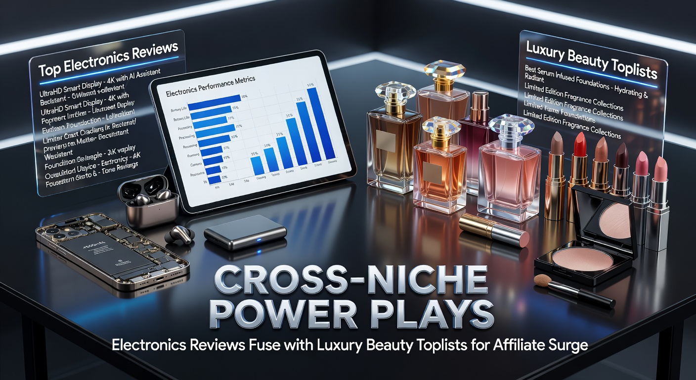 Collage showing high-end beauty products alongside sleek electronics gadgets on a vibrant affiliate dashboard displaying surging click-through rates