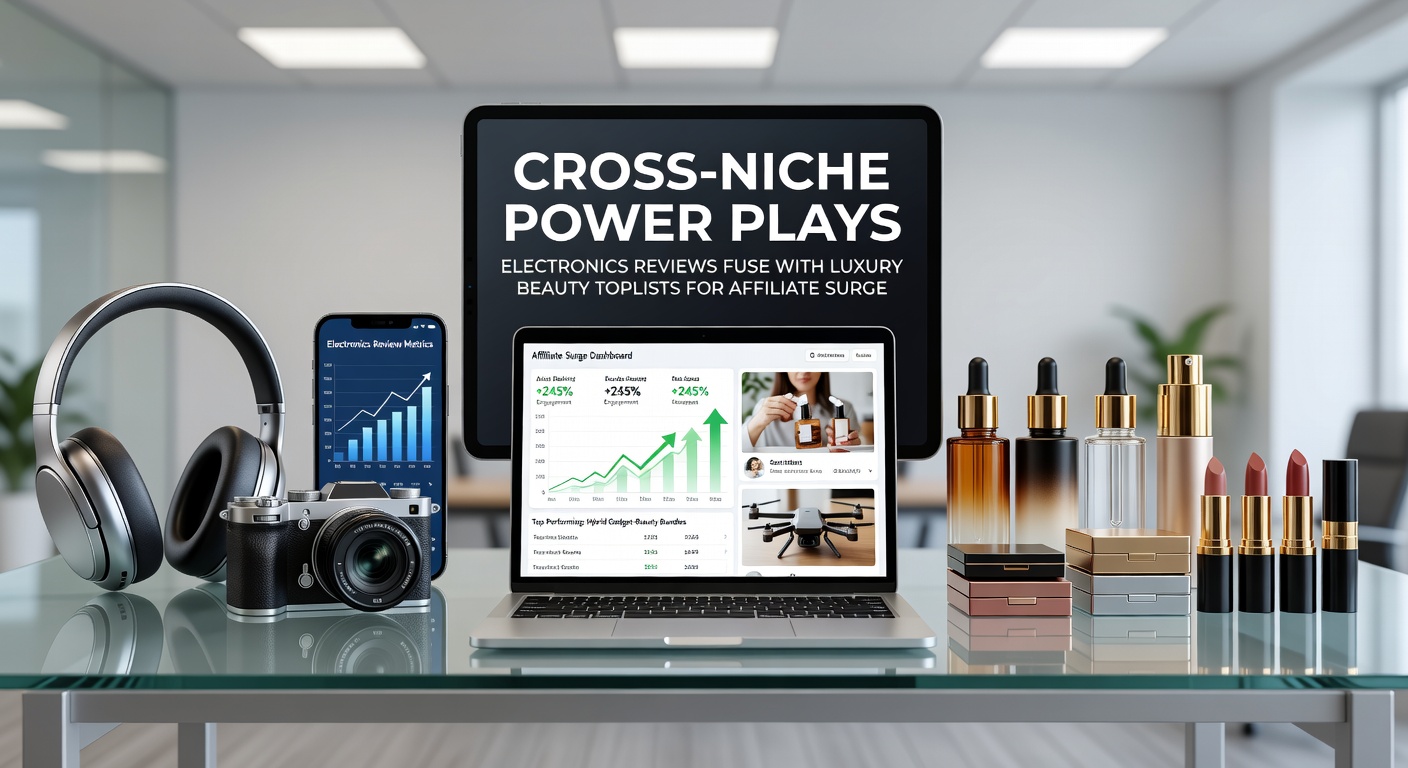 Graph illustrating affiliate revenue growth curves for cross-niche electronics-beauty pages versus traditional single-niche content, with peaks in early 2026