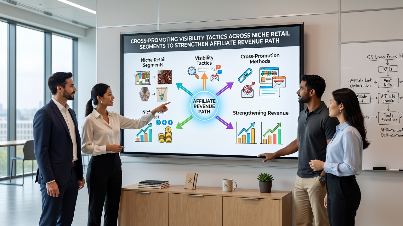 Affiliate marketers analyzing performance metrics on multiple screens during a cross-promotion campaign review