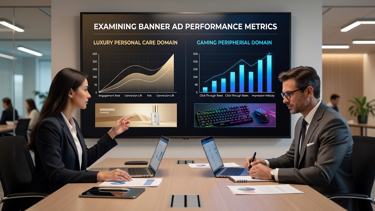 Banner ad performance dashboard showing metrics for luxury personal care and gaming peripherals
