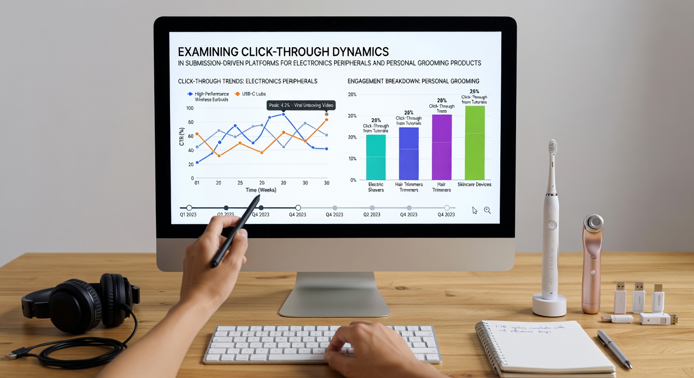 Overview of submission platform interface showing product categories for electronics and grooming items with click analytics overlays
