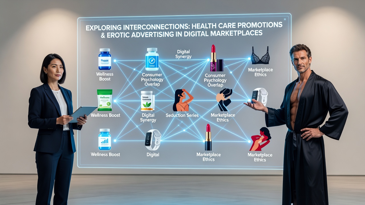 Digital marketplace interface showing health care product banners alongside erotic advertisements