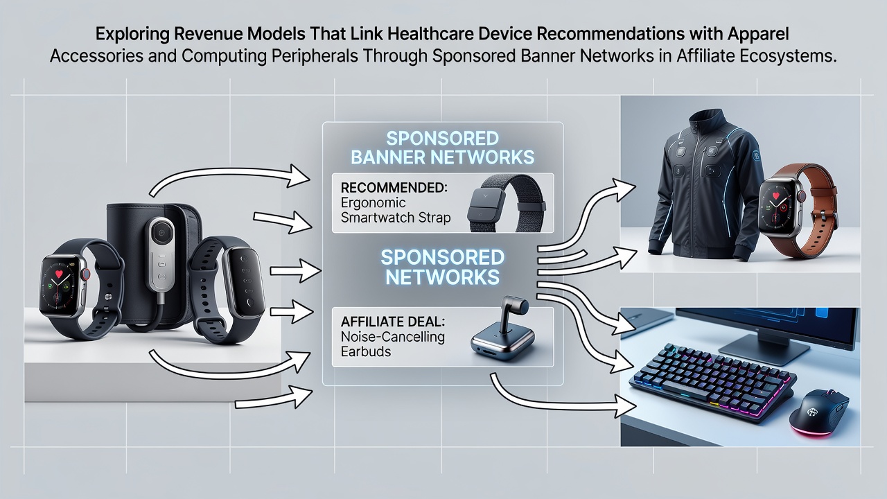 Illustration of affiliate banner networks connecting healthcare devices, apparel accessories, and computing peripherals across sponsored ecosystems