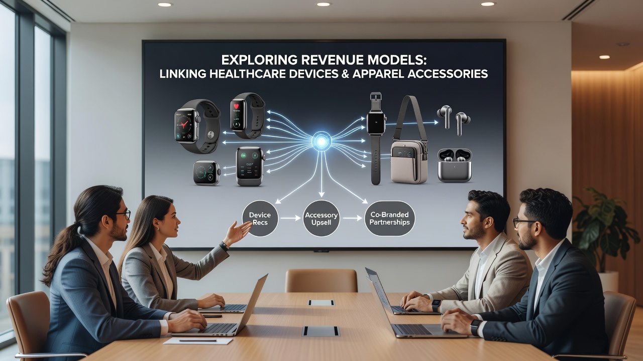 Diagram illustrating revenue flows and banner network connections between healthcare recommendations, apparel accessories, and computing peripherals