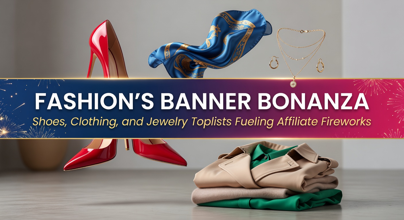 Vibrant display of fashion banners showcasing shoes, trendy clothing, and sparkling jewelry on a toplist platform, highlighting affiliate opportunities
