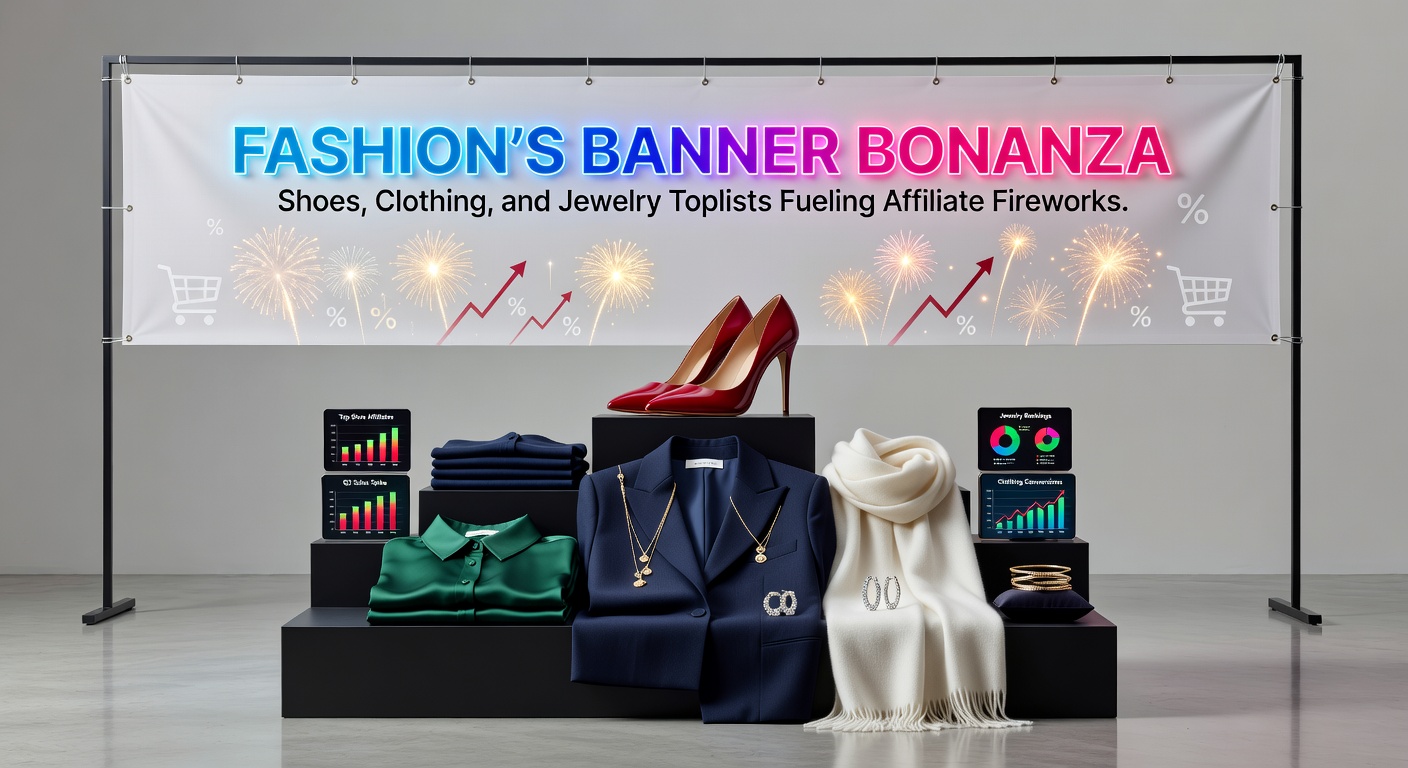 Dynamic banner montage featuring colorful sneakers, elegant dresses, and gemstone jewelry, illustrating high-traffic affiliate placements on fashion toplists