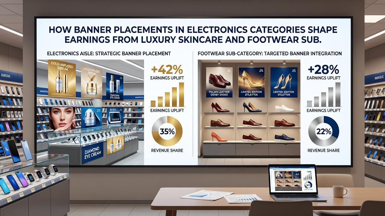 Analytics dashboard displaying cross-category earnings impact from electronics banner placements on skincare and footwear submissions