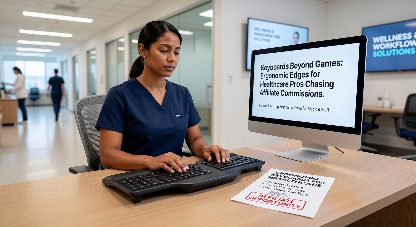Close-up of ergonomic keyboard features like split design, wrist rest, and customizable keys used by a clinician