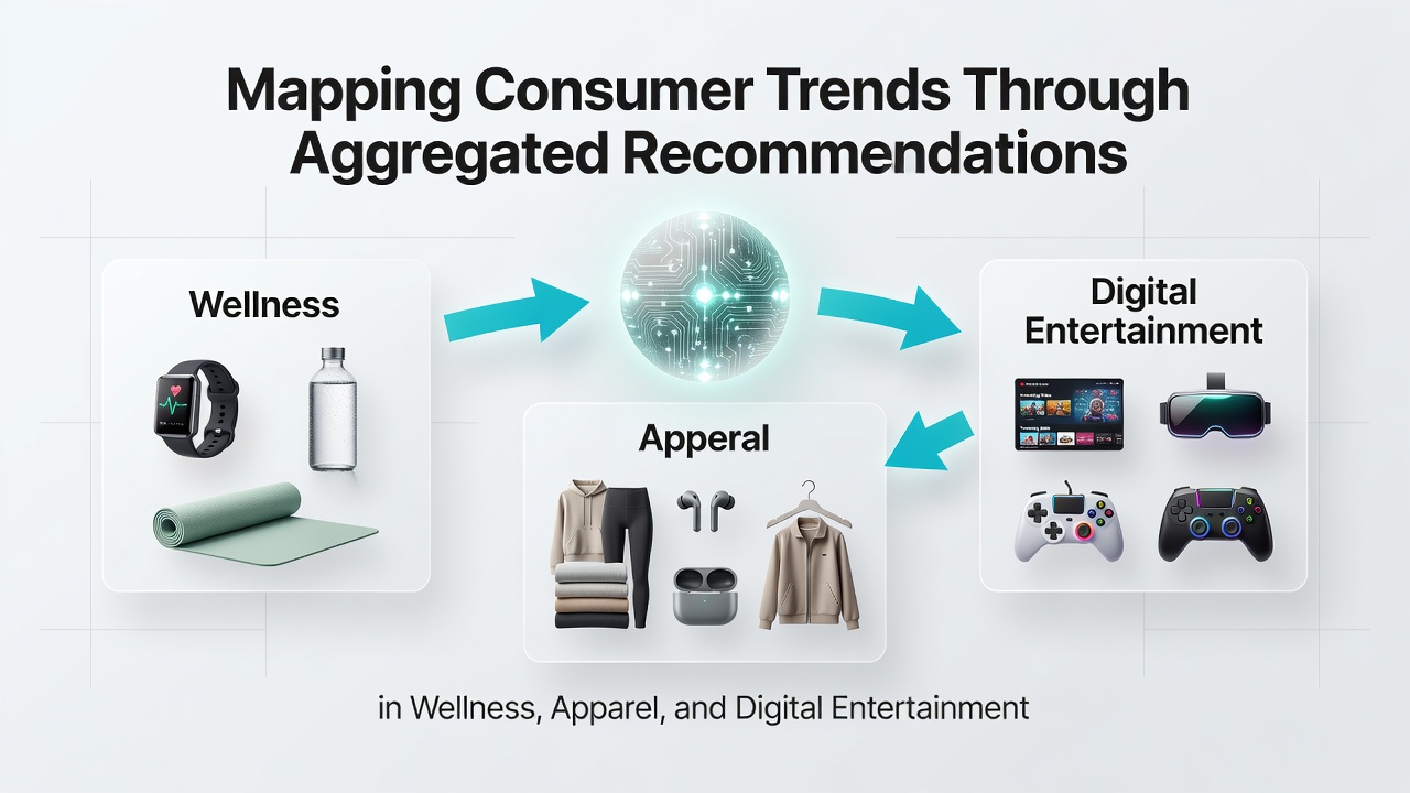 Chart displaying recommendation clusters connecting apparel trends with wellness and entertainment gear data points
