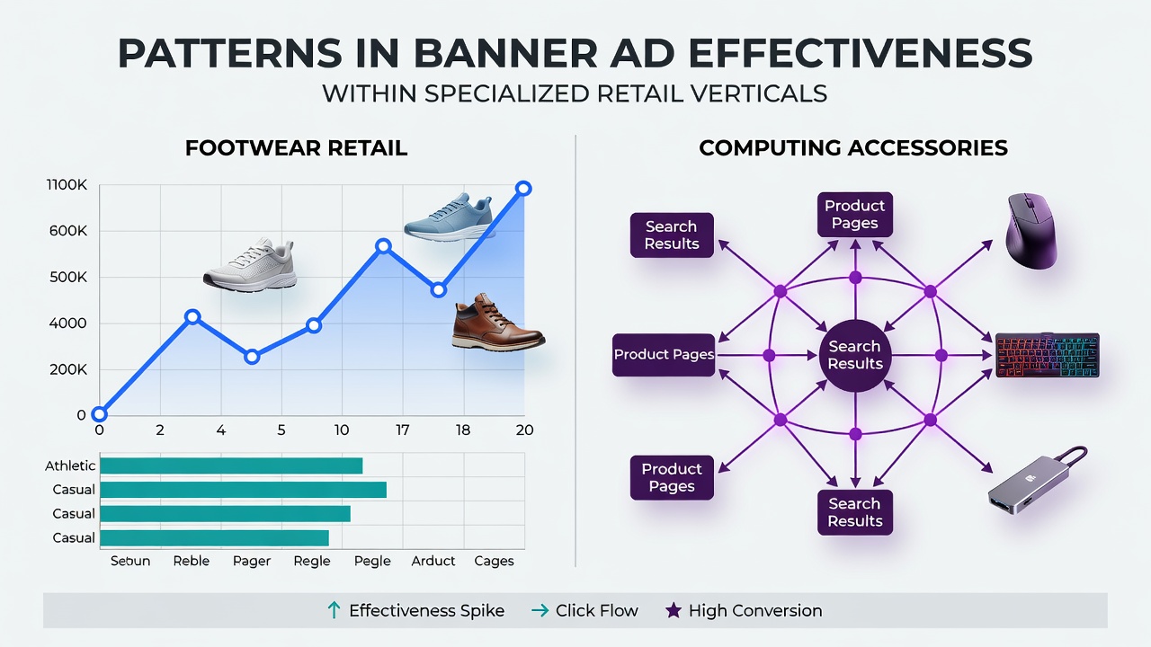 Banner ad examples displayed across footwear retail websites and computing accessory product pages showing visual placement variations