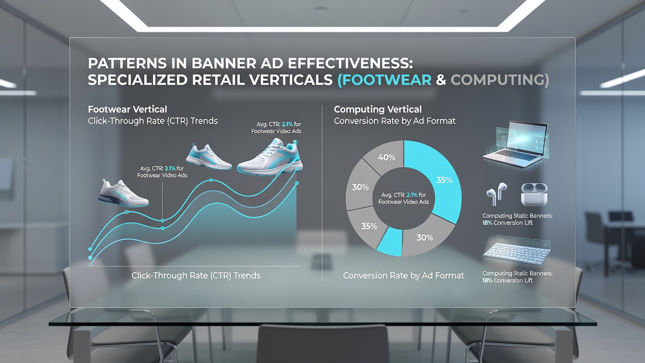 Analytics dashboard illustrating click-through and conversion metrics for banner ads in footwear and computing accessory categories