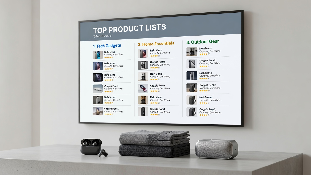 Detailed view of a product top list interface showing category filters and submission options for affiliate contributors