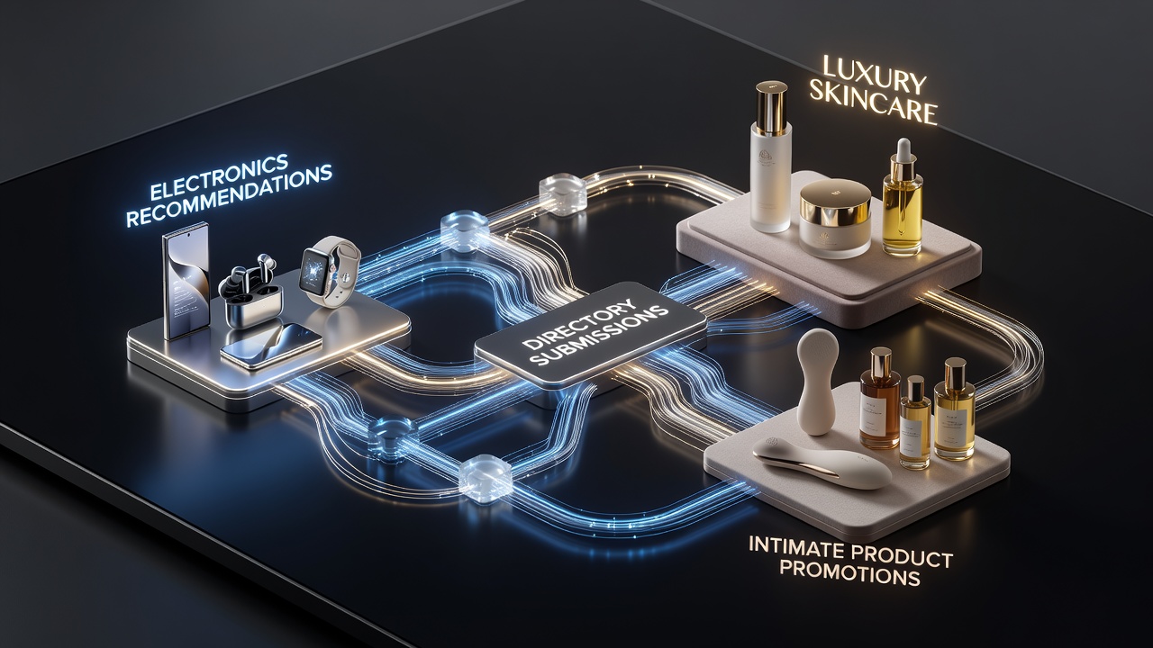 Illustration of interconnected digital directories showing electronics, skincare, and intimate product categories with revenue flow indicators