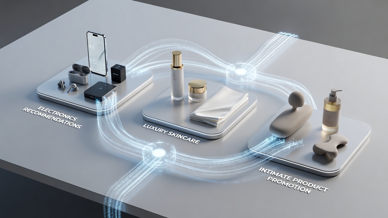 Diagram depicting revenue connections between skincare, intimate products, and electronics through shared directory submissions and affiliate tracking