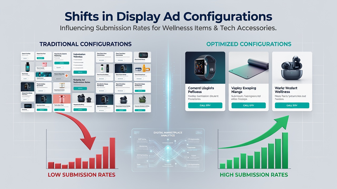 Visual representation of display ad configurations on digital marketplace interfaces showing wellness items and tech accessories