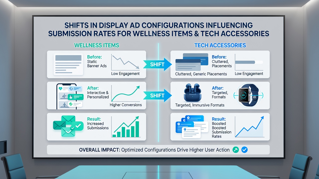 Analytics dashboard displaying submission rate trends for wellness and tech accessory categories following ad configuration updates