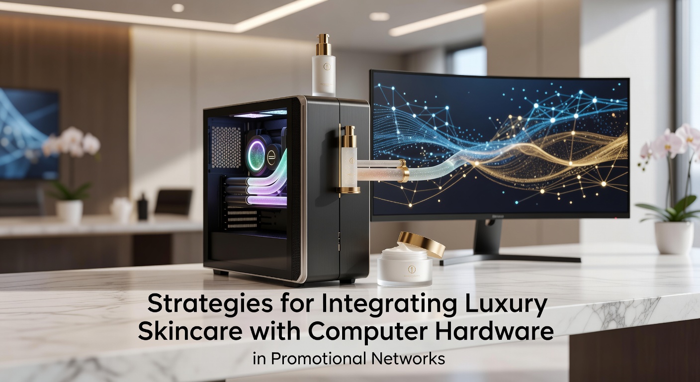 Luxury skincare products displayed alongside computer hardware components in a promotional setup