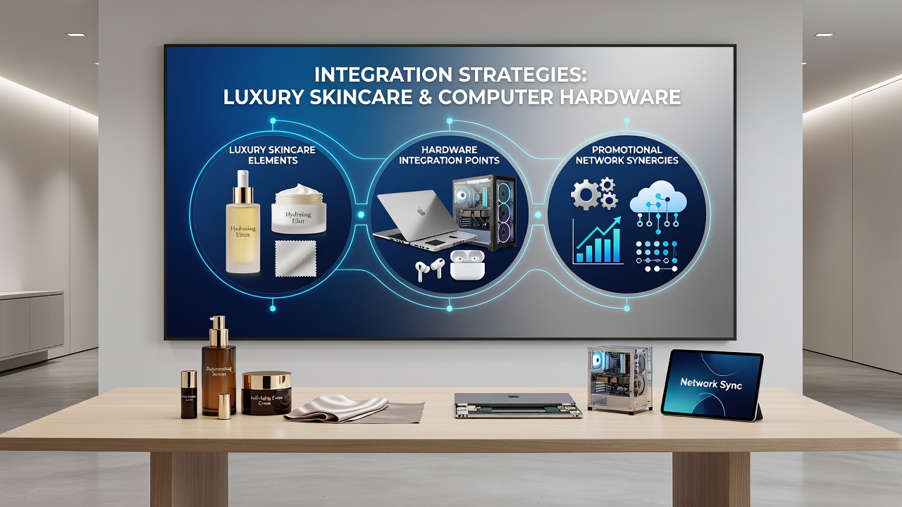 Promotional network dashboard showing integration metrics between skincare and hardware campaigns