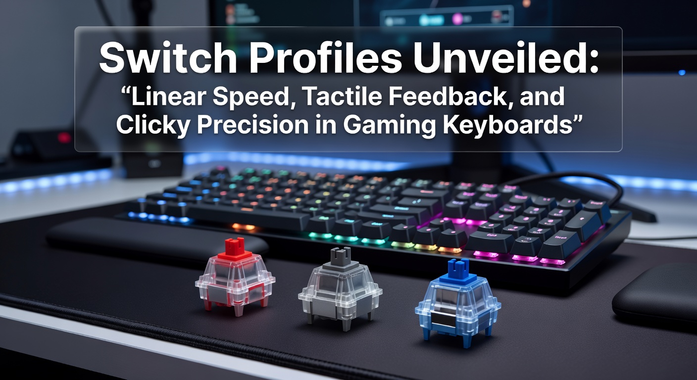 Close-up of mechanical keyboard switches showing linear, tactile, and clicky profiles under colorful RGB lighting