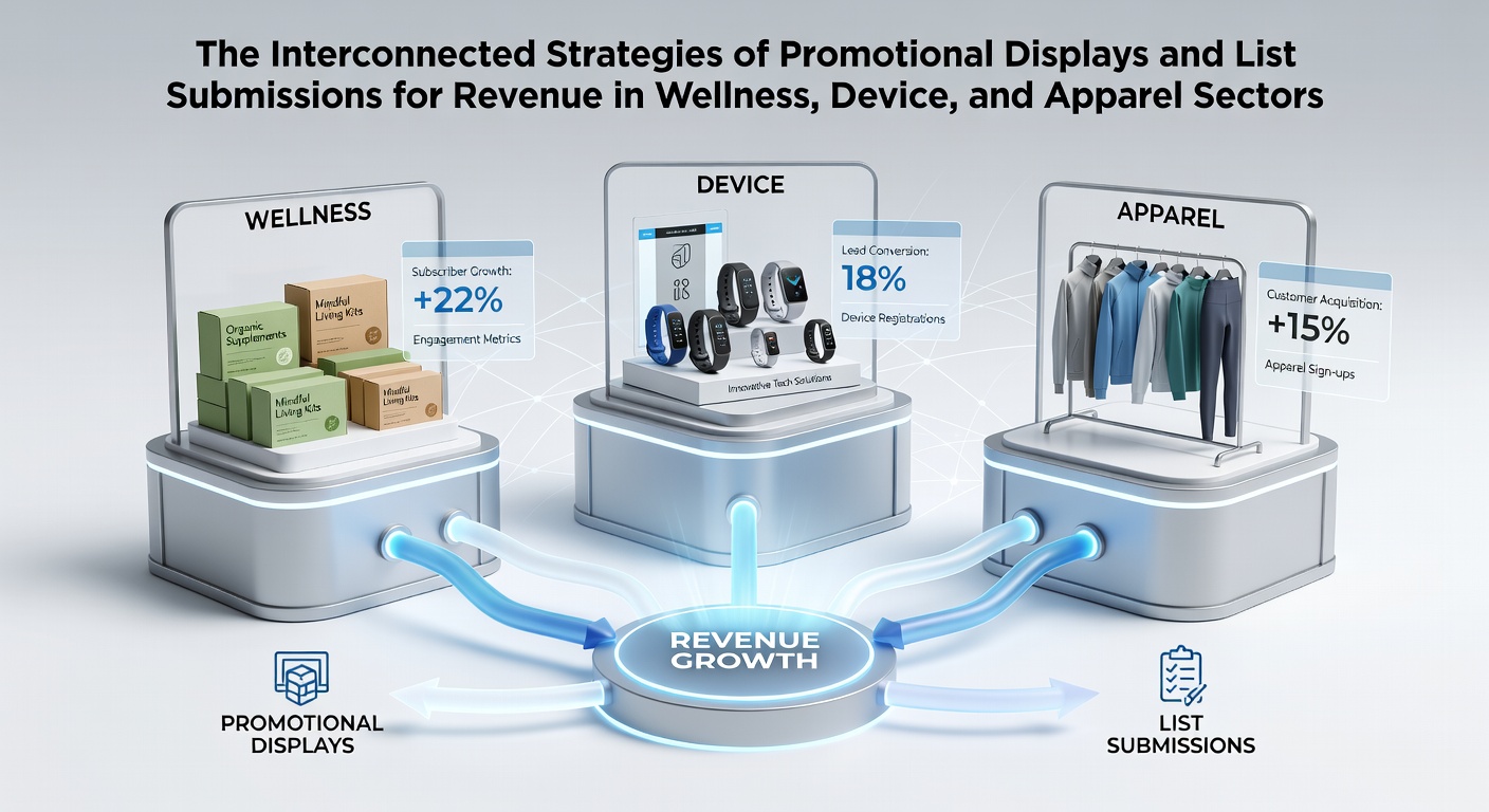 Visual representation of interconnected promotional displays and list submissions driving revenue in wellness, device, and apparel sectors