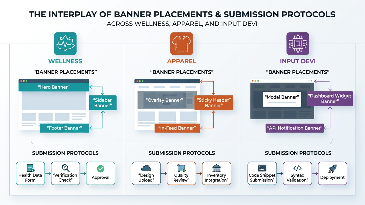 Submission protocol flowchart illustrating banner placement workflow for wellness apparel and input device affiliates